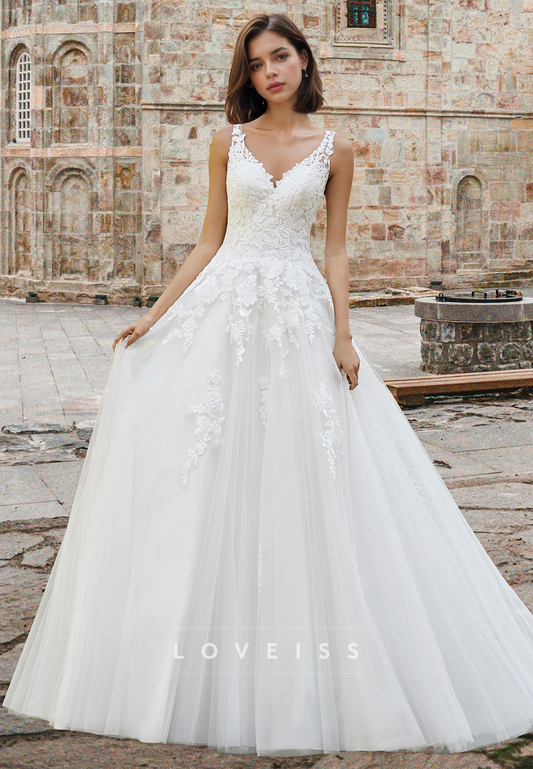 V-Neck Sleeveless Lace Appliques Pleated Tulle A-Line Wedding Dress