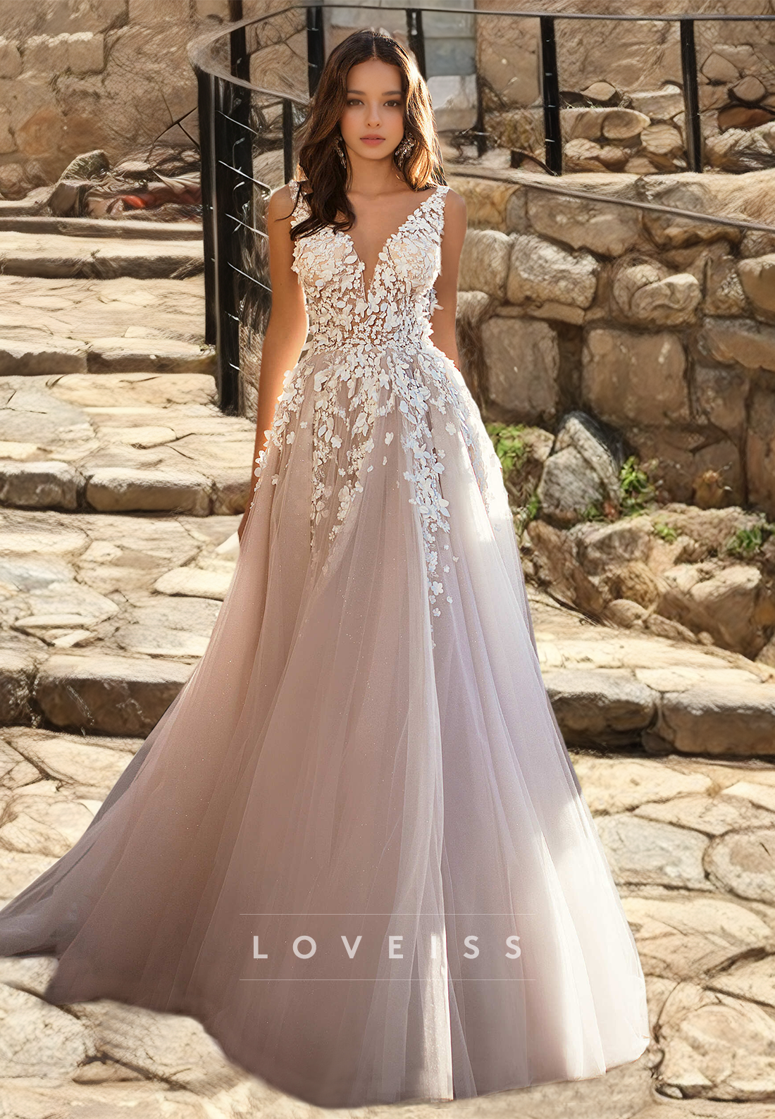 V-Neck Sleeveless Lace Appliques Pleated Tulle A-Line Wedding Dress