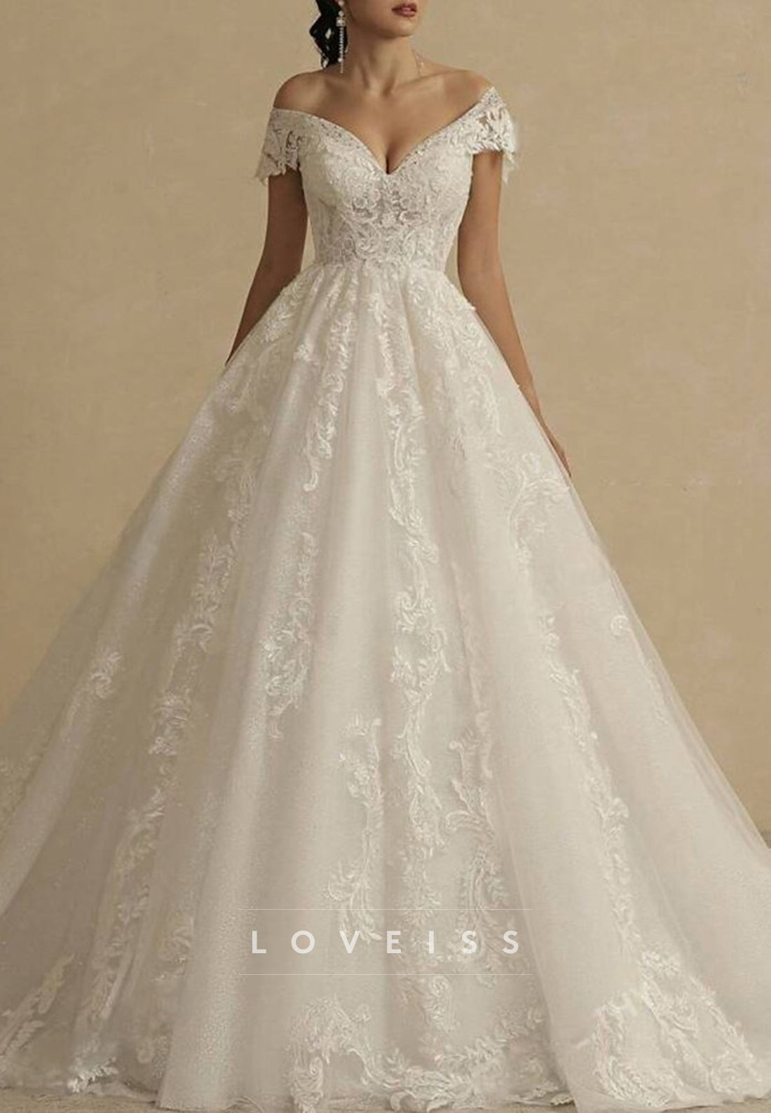 V-Neck Sleeveless Lace Appliques Tulle Ball Gown Wedding Dress