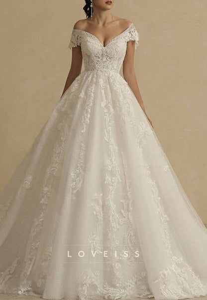 V-Neck Sleeveless Lace Appliques Tulle Ball Gown Wedding Dress