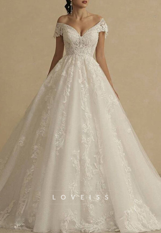 V-Neck Sleeveless Lace Appliques Tulle Ball Gown Wedding Dress