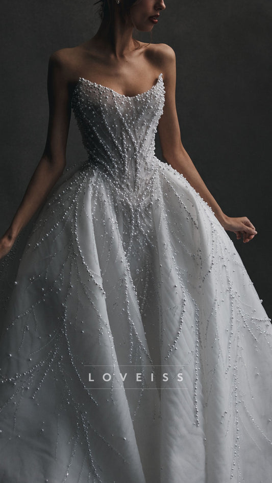 V-Neck Sleeveless Pearl Beaded A-Line Wedding Dress