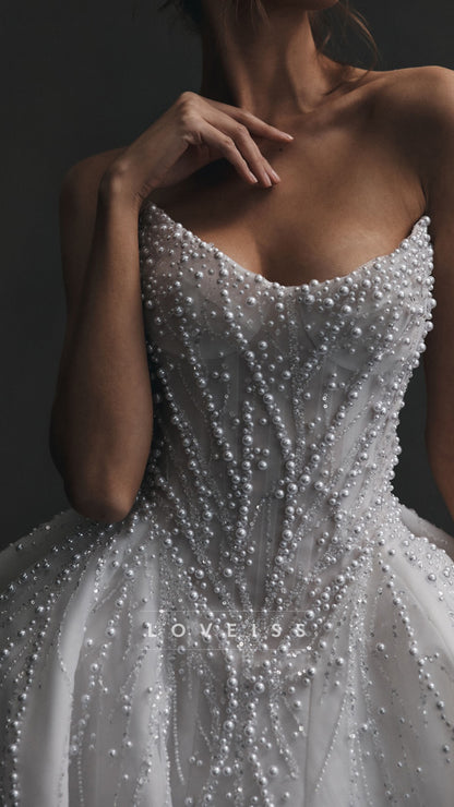 V-Neck Sleeveless Pearl Beaded A-Line Wedding Dress