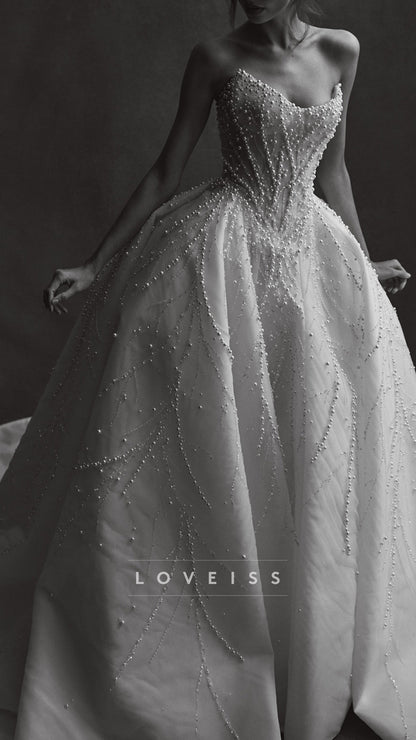 V-Neck Sleeveless Pearl Beaded A-Line Wedding Dress