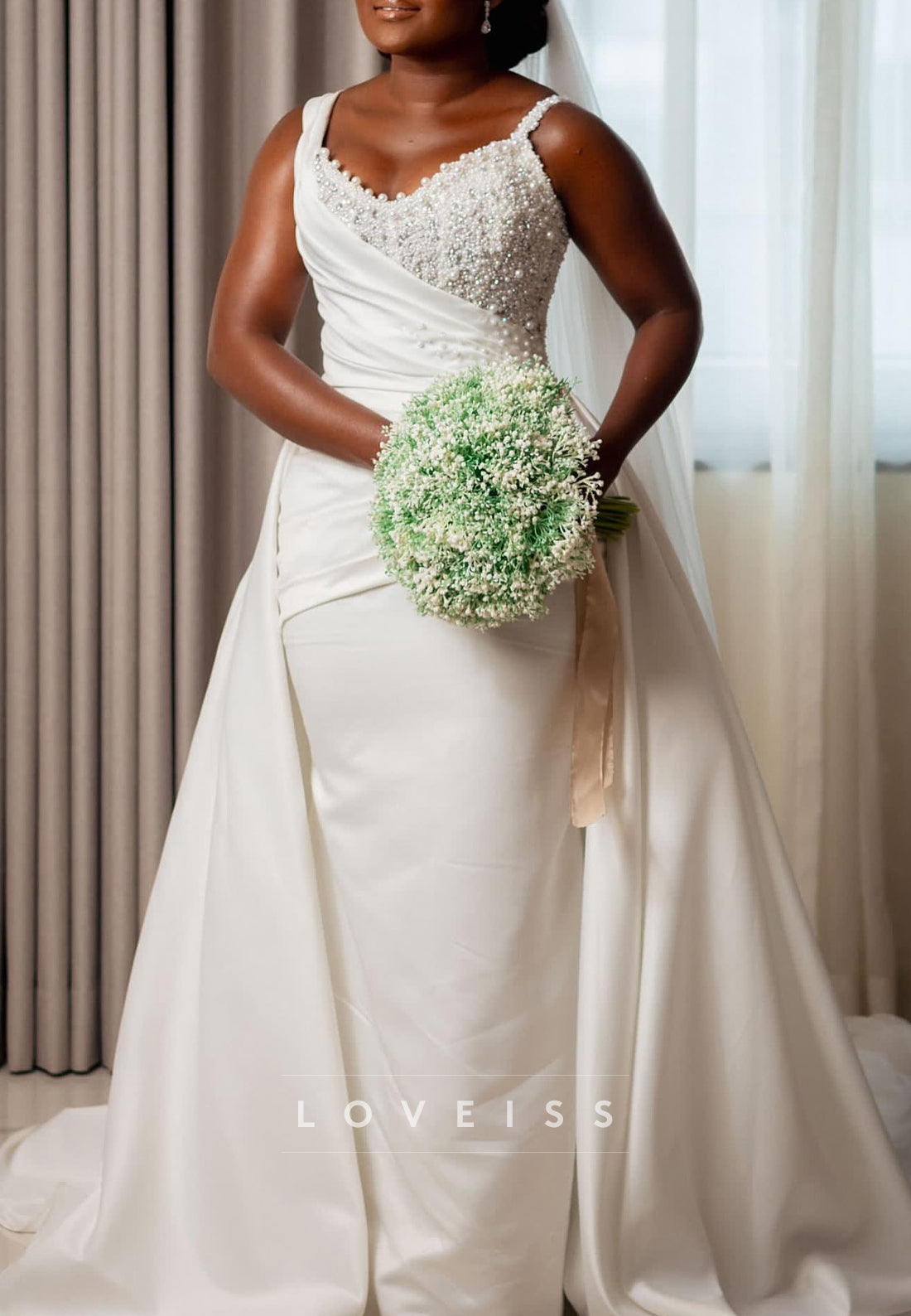 V-Neck Sleeveless Pearl Beaded Sheath Wedding Dress