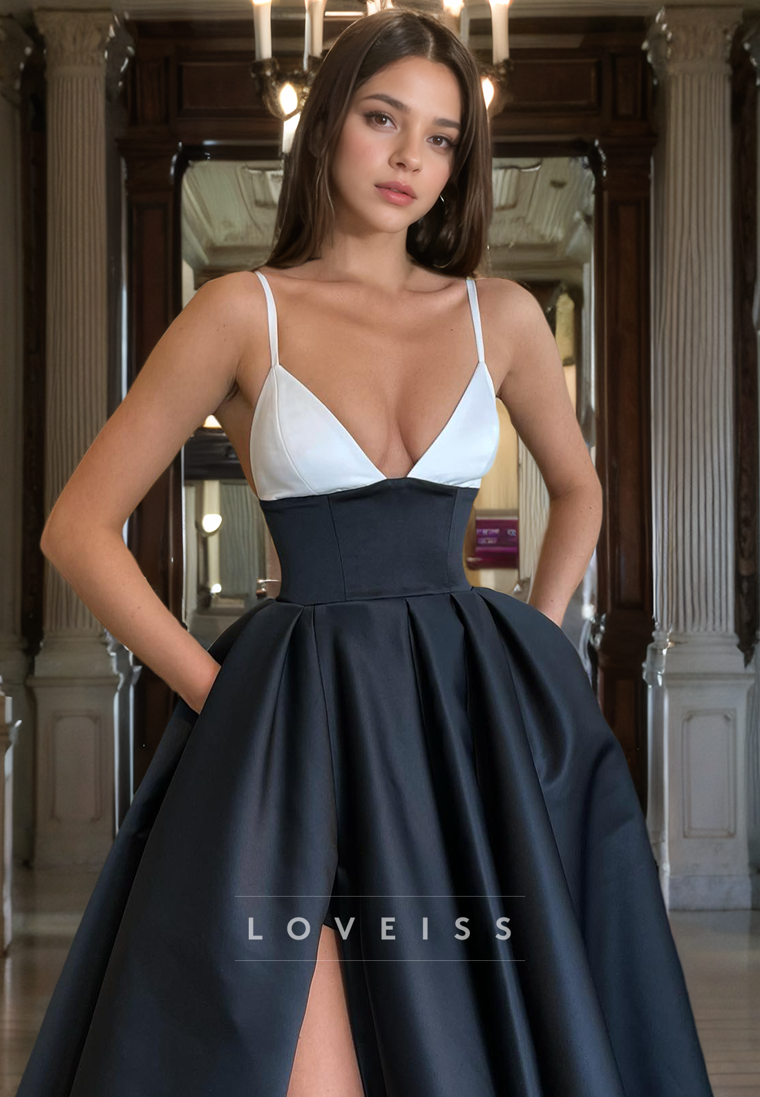 V-Neck Sleeveless Pleated A-Line High Slit Prom Dress