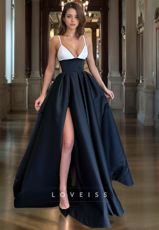 V-Neck Sleeveless Pleated A-Line High Slit Prom Dress