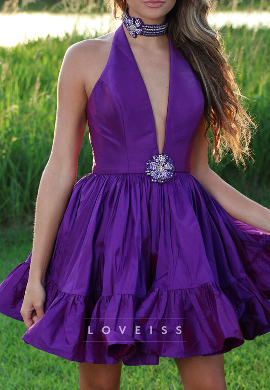 V-Neck Sleeveless Pleated A-Line Party Homecoming Dress