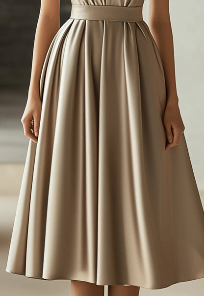 V-Neck Sleeveless Pleated A-Line Work Dress