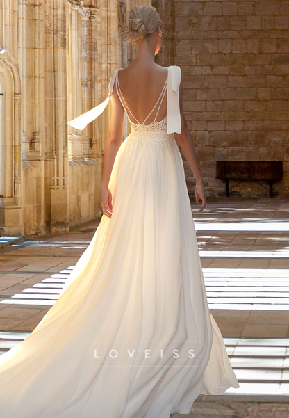 V-Neck Sleeveless Pleated Appliques Backless A-Line Wedding Dress