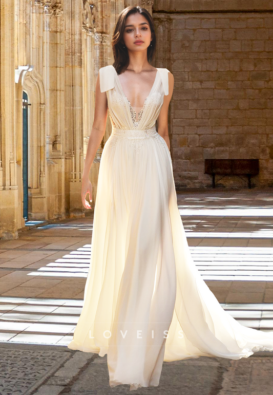 V-Neck Sleeveless Pleated Appliques Backless A-Line Wedding Dress