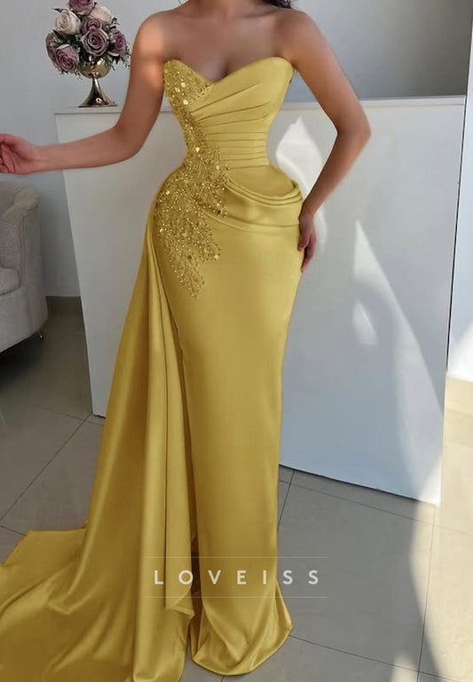 V-Neck Sleeveless Pleated Beaded Mermaid Prom Dress