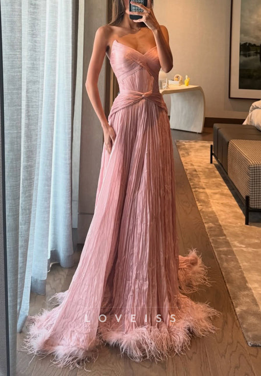 V-Neck Sleeveless Pleated Feathered A-Line Prom Dress