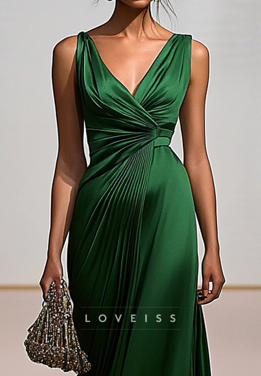 V-Neck Sleeveless Pleated Mermaid Evening Dress