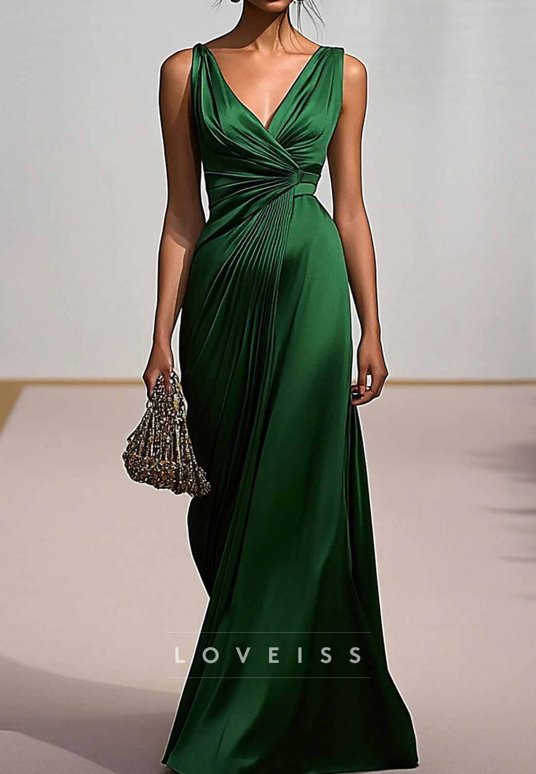 V-Neck Sleeveless Pleated Mermaid Evening Dress