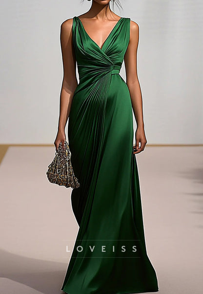 V-Neck Sleeveless Pleated Mermaid Evening Dress