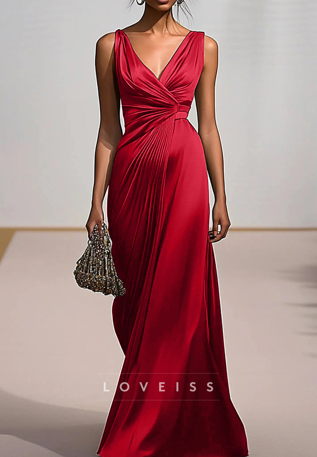 V-Neck Sleeveless Pleated Mermaid Evening Dress