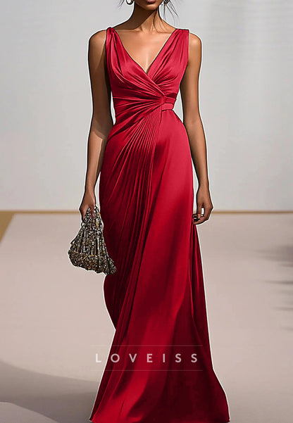 V-Neck Sleeveless Pleated Mermaid Evening Dress