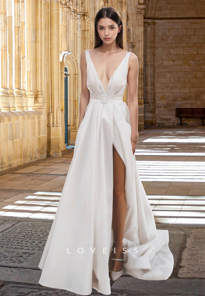 V-Neck Sleeveless Pleated Satin A-Line Wedding Dress