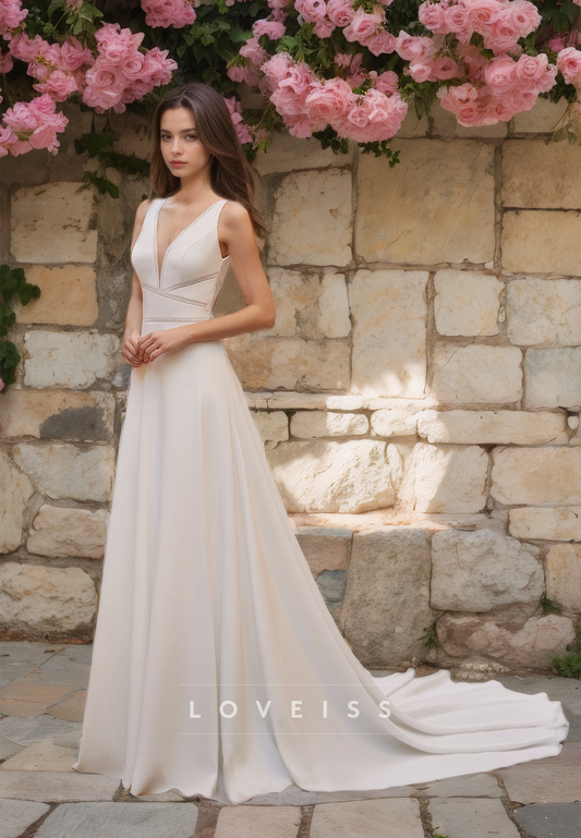 V-Neck Sleeveless Pleated Sleek A-Line Beach Wedding Dress