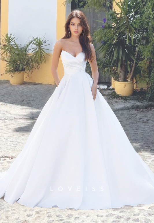 V-Neck Sleeveless Pleated Sleek Satin A-Line Wedding Dress