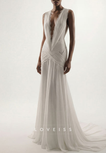 V-Neck Sleeveless Pleated Tulle Mermaid Wedding Dress