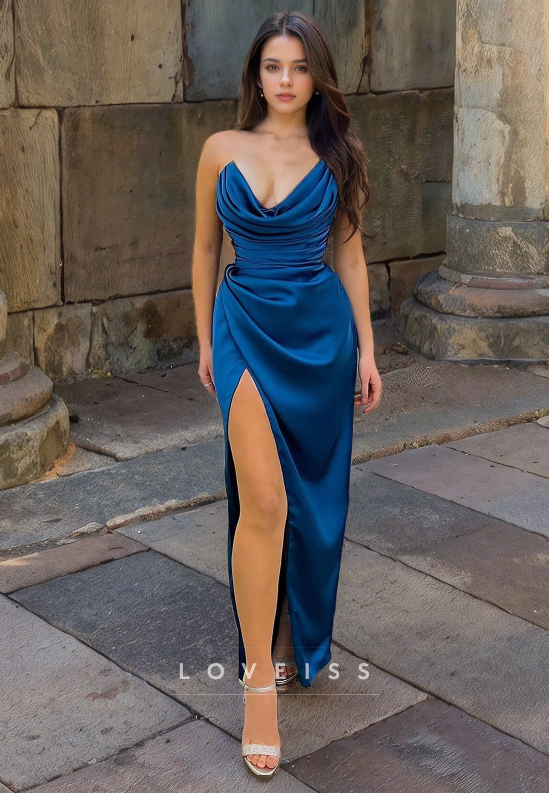 V-Neck Sleeveless Ruched High Slit Sheath Prom Dress