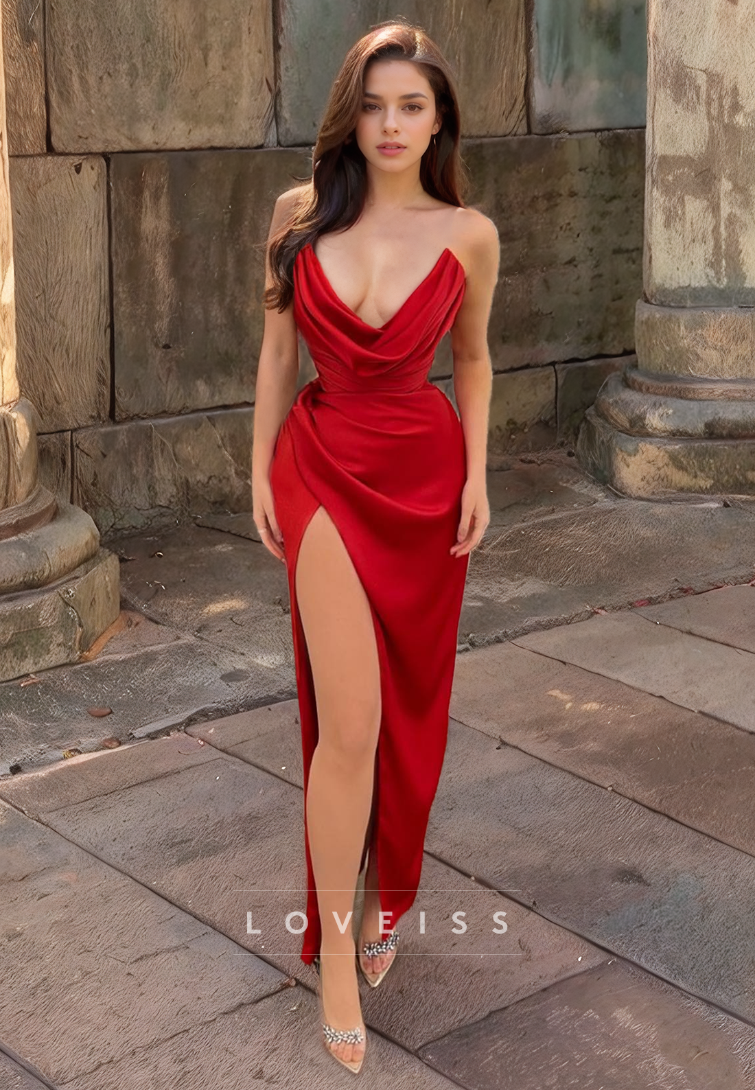 V-Neck Sleeveless Ruched High Slit Sheath Prom Dress