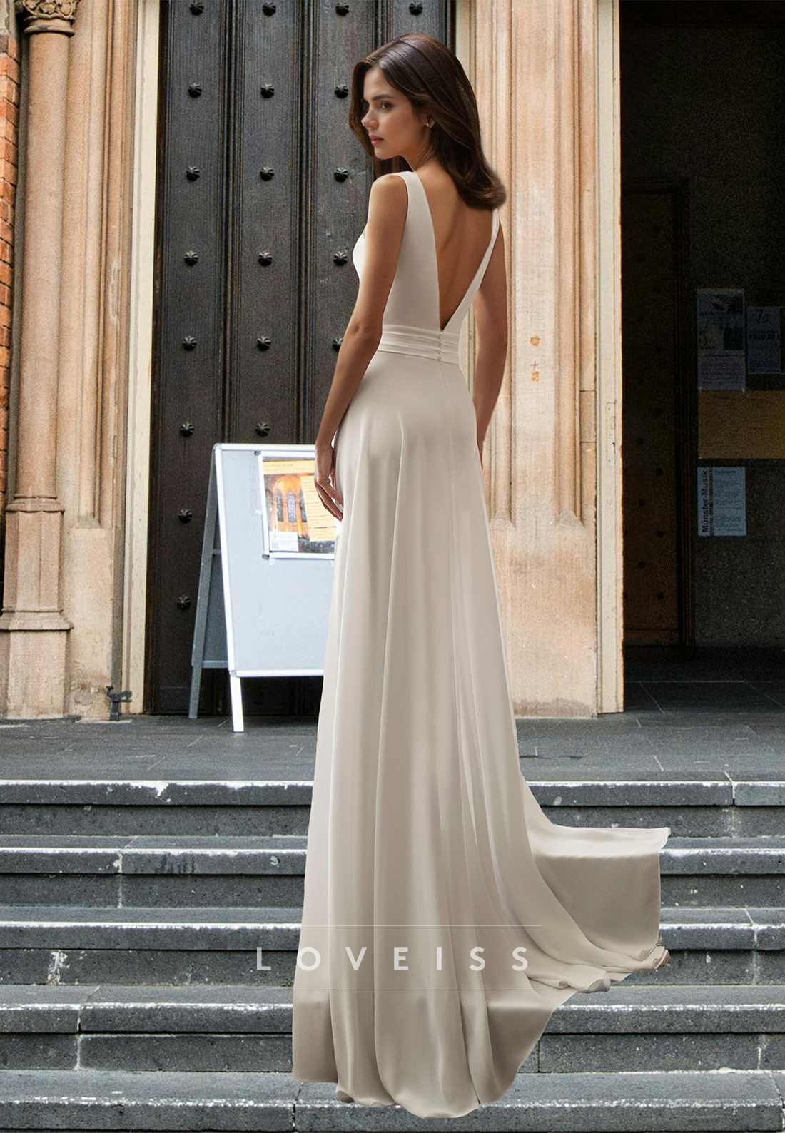 V-Neck Sleeveless Ruched Pleated Beach Wedding Dress