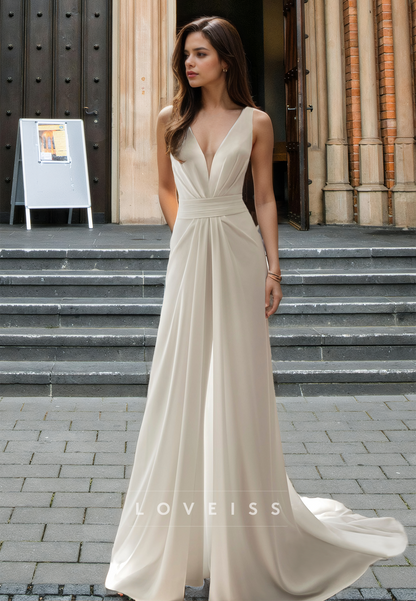 V-Neck Sleeveless Ruched Pleated Beach Wedding Dress