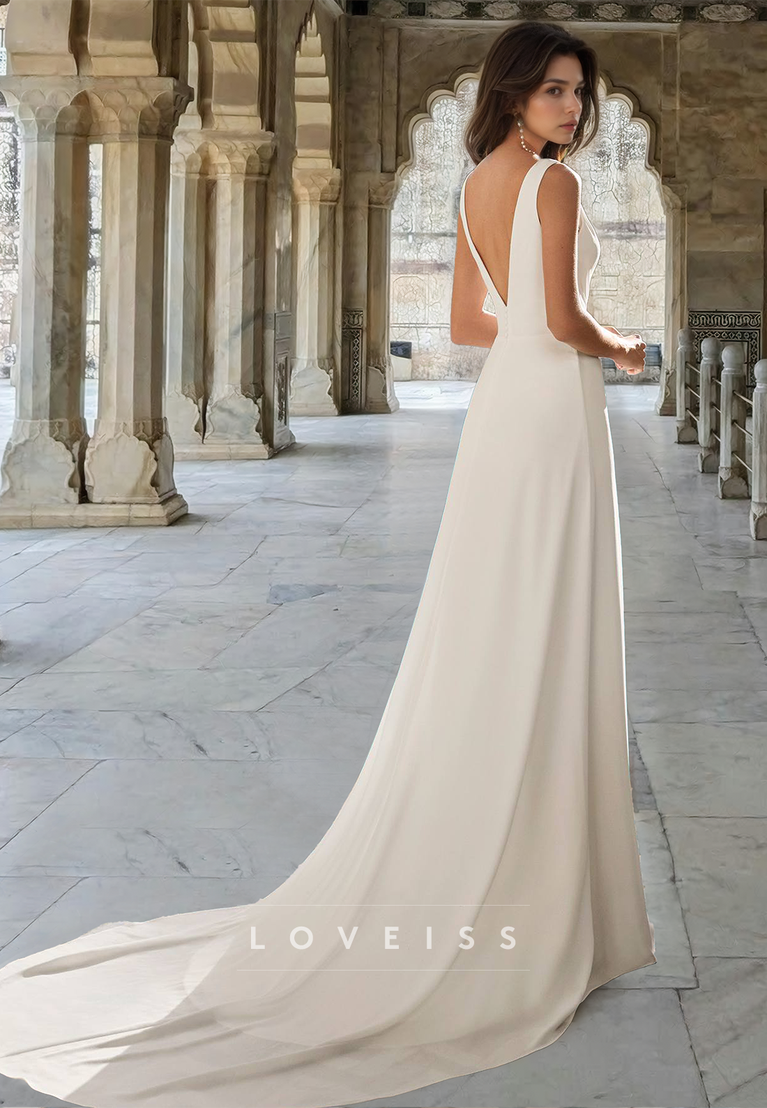 V-Neck Sleeveless Ruched Pleated Side Slit A-Line Beach Wedding Dress