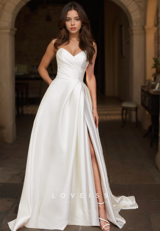 V-Neck Sleeveless Ruched Pleated Sleek Satin A-Line Wedding Dress