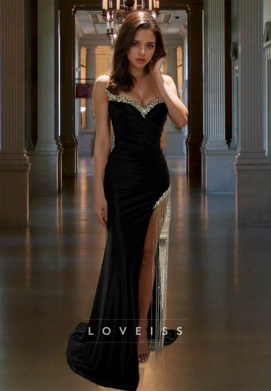 V-Neck Sleeveless Ruched Side Slit Beaded Formal Dress