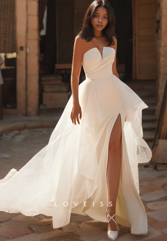 V-Neck Sleeveless Ruched Side Slit Removable Train Beach Wedding Dress