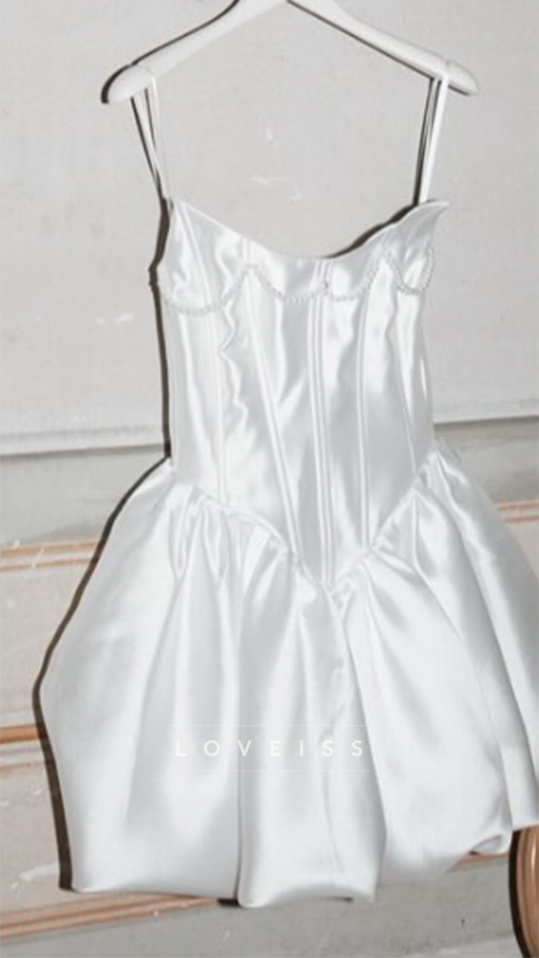 V-Neck Sleeveless Satin Pearl A-Line Short Wedding Dress
