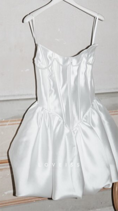 V-Neck Sleeveless Satin Pearl A-Line Short Wedding Dress