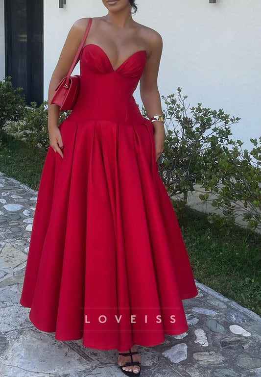 V-Neck Sleeveless Satin Pleated Long Red Prom Dress