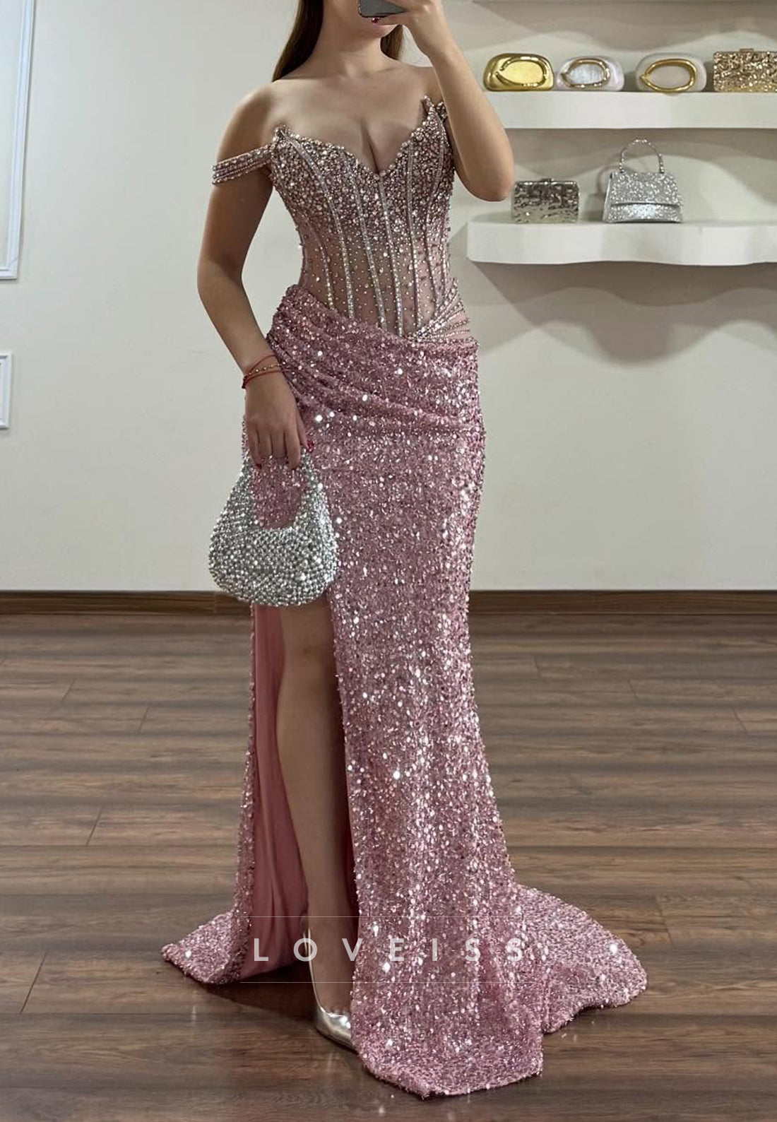 V-Neck Sleeveless Sequins Beaded Sparkly Sheath Prom Dress