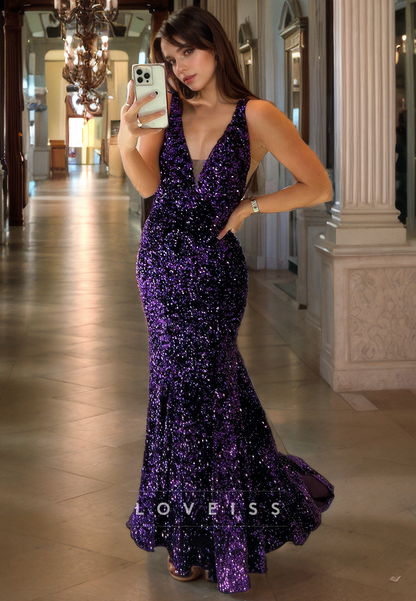 V-Neck Sleeveless Sequins Sparkly Mermaid Prom Dress