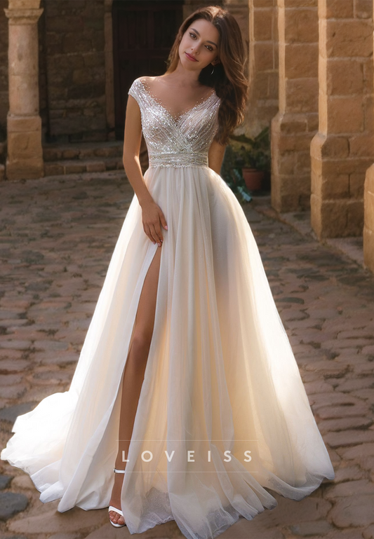 V-Neck Sleeveless Sequins Tulle A-Line Wedding Dress