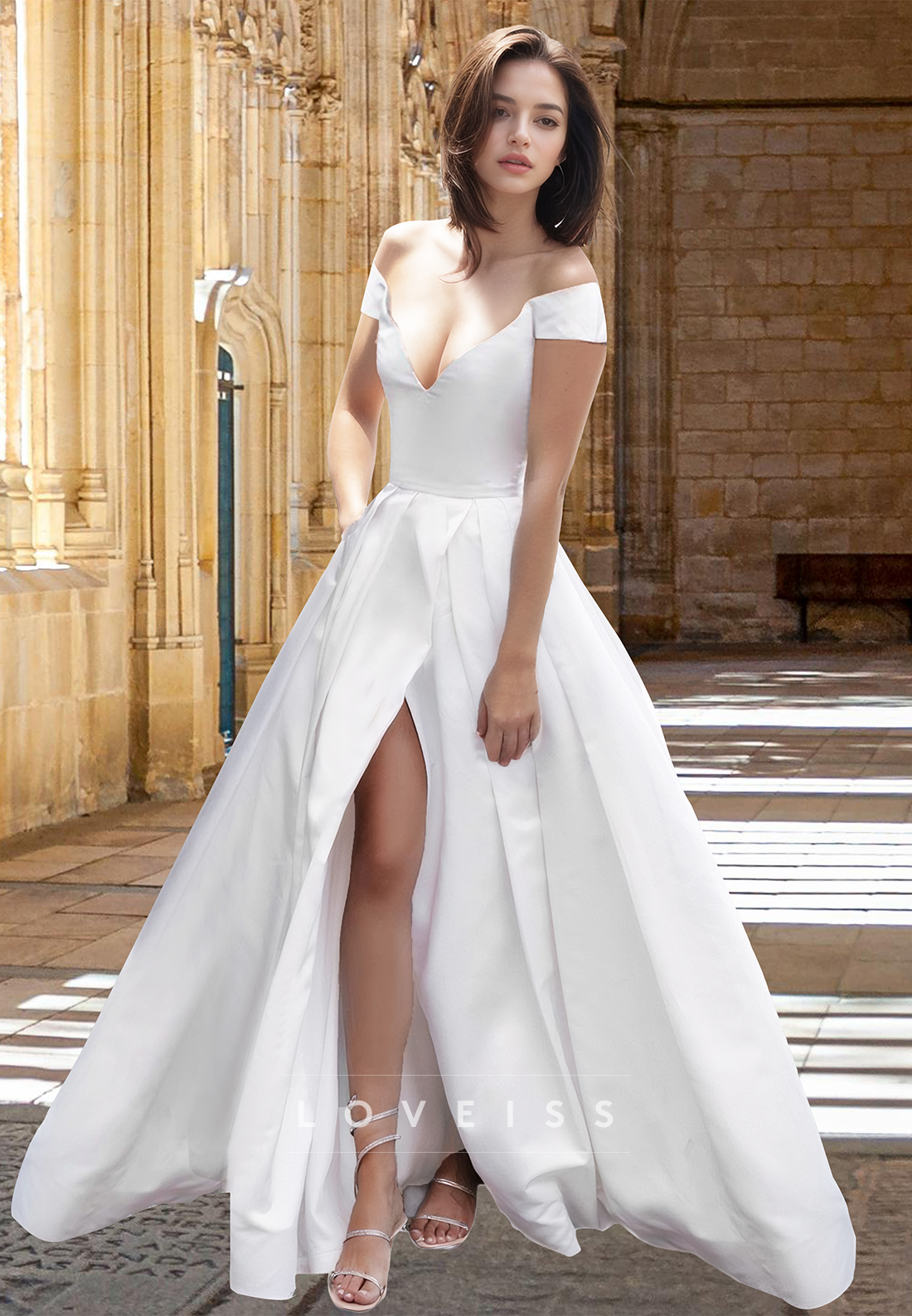 V-Neck Sleeveless Side Slit Pleated A-Line Wedding Dress