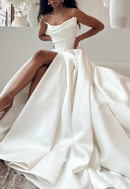 V-Neck Sleeveless Side Slit Satin Wedding Dress