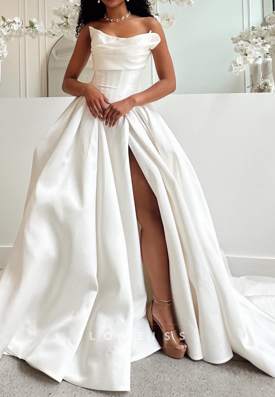 V-Neck Sleeveless Side Slit Satin Wedding Dress