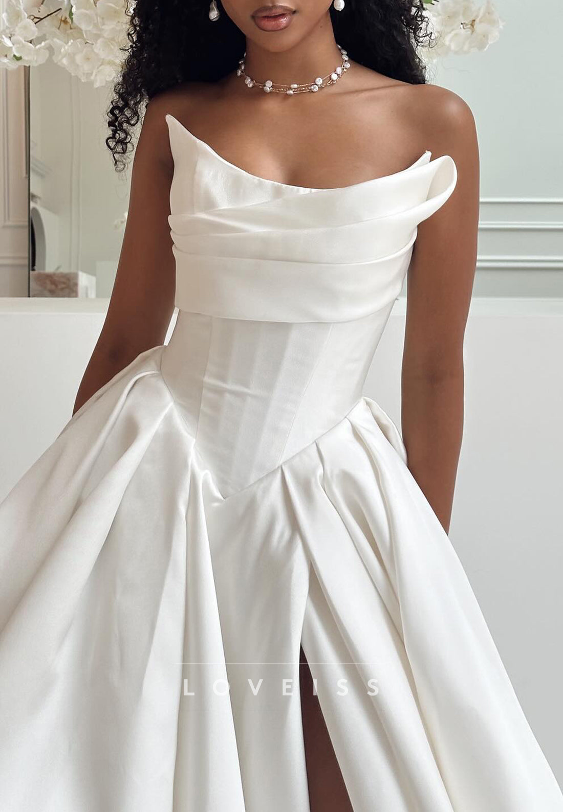 V-Neck Sleeveless Side Slit Satin Wedding Dress