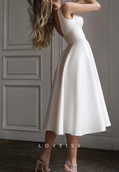 V-Neck Sleeveless Sleek Empire Waist A-Line Midi Wedding Dress