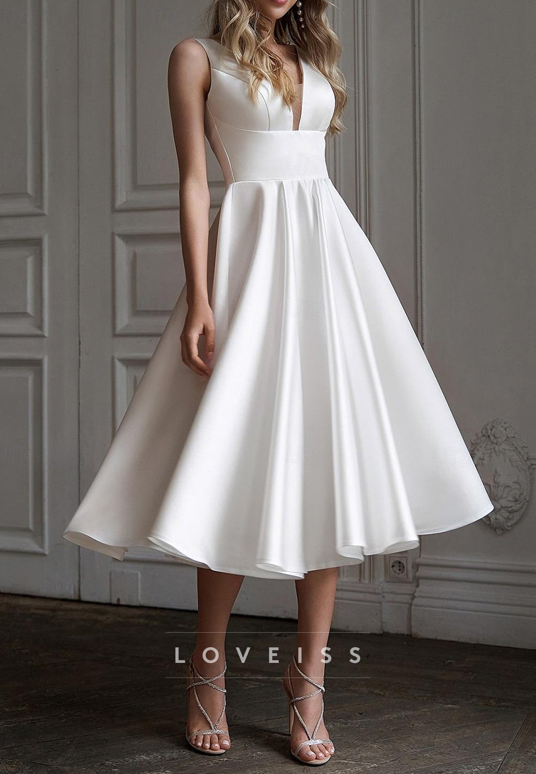 V-Neck Sleeveless Sleek Empire Waist A-Line Midi Wedding Dress