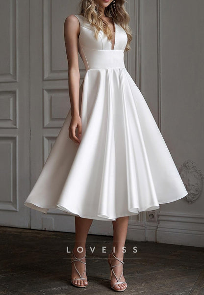 V-Neck Sleeveless Sleek Empire Waist A-Line Midi Wedding Dress