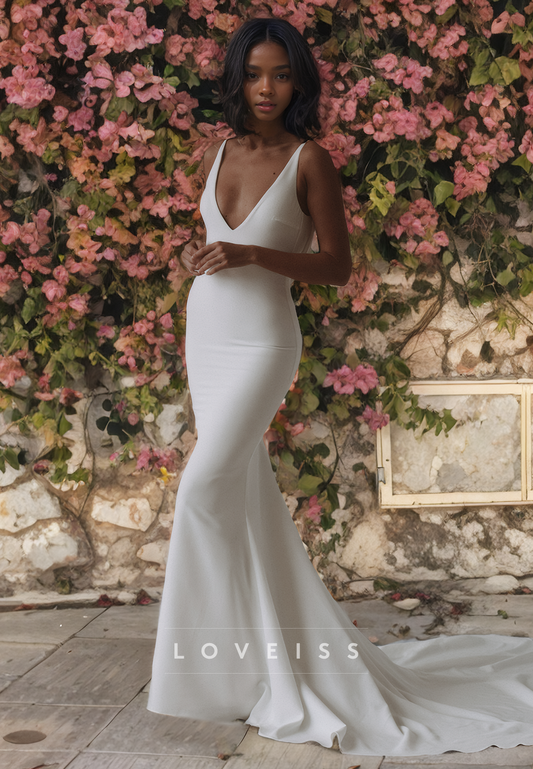 V-Neck Sleeveless Sleek Mermaid Beach Backless Wedding Dress