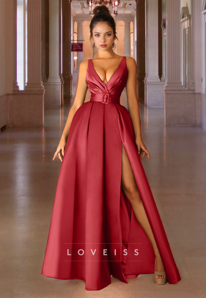 V-Neck Sleeveless Sleek Pleated Satin A-Line Simple Prom Dress