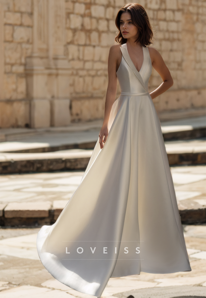 V-Neck Sleeveless Sleek Pleated Satin A-Line Simple Wedding Dress